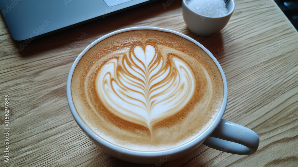 close up of beautifully crafted latte with intricate swirled foam, placed on wooden table next to small sugar bowl and laptop, creating cozy atmosphere close up of beautifully crafted latte with intricate swirled foam, placed on wooden table next to small sugar bowl and laptop, creating cozy atmosphere