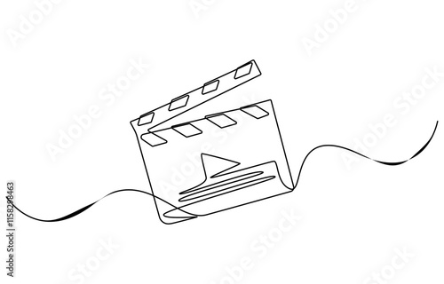 Continuous line drawing of retro old classic movie board clapper and film reel. One single line art vintage film scene taker item concept design graphic