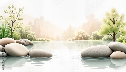 Serene Landscape Featuring Large Smooth Stones and Calm Waters Surrounded by Lush Green Forests photo