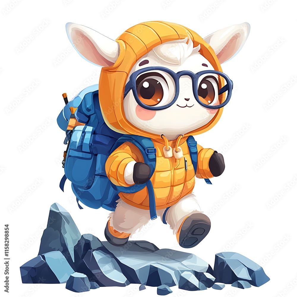 Naklejka premium Adorable Cartoon Lamb Climber with Backpack Trekking on Rocky Terrain.