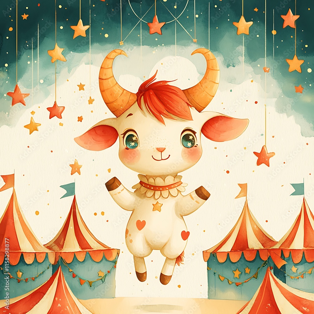 Fototapeta premium Adorable Cartoon Goat Suspended Between Circus Tents Underneath a Starry Sky.