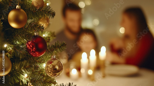 A warmly lit Christmas tree adorned with golden and red ornaments in the foreground, with a blurred background showing a family enjoying a candlelit holiday dinner. Perfect for con photo