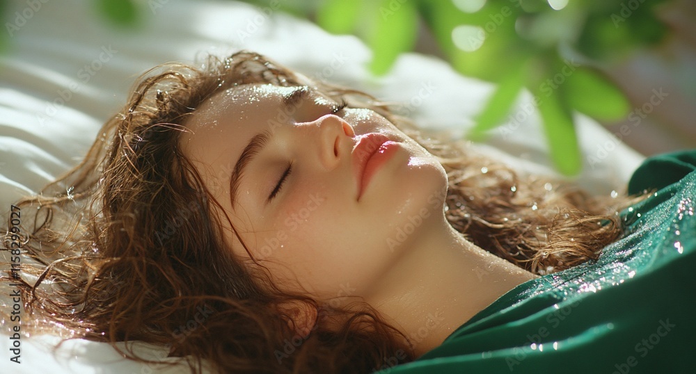 Naklejka premium A serene portrait of a young woman resting peacefully among greenery.