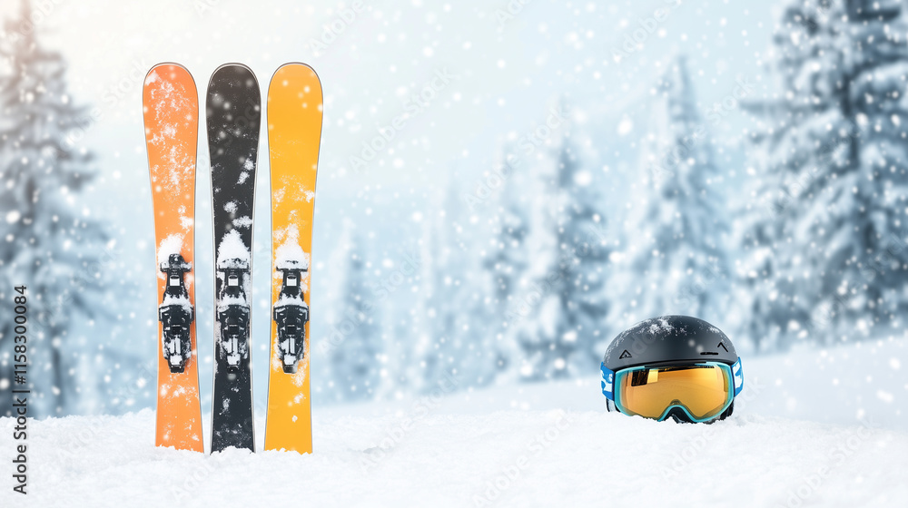 Ski equipment in high mountains in snow at winter Ski equipment in high mountains in snow at winter