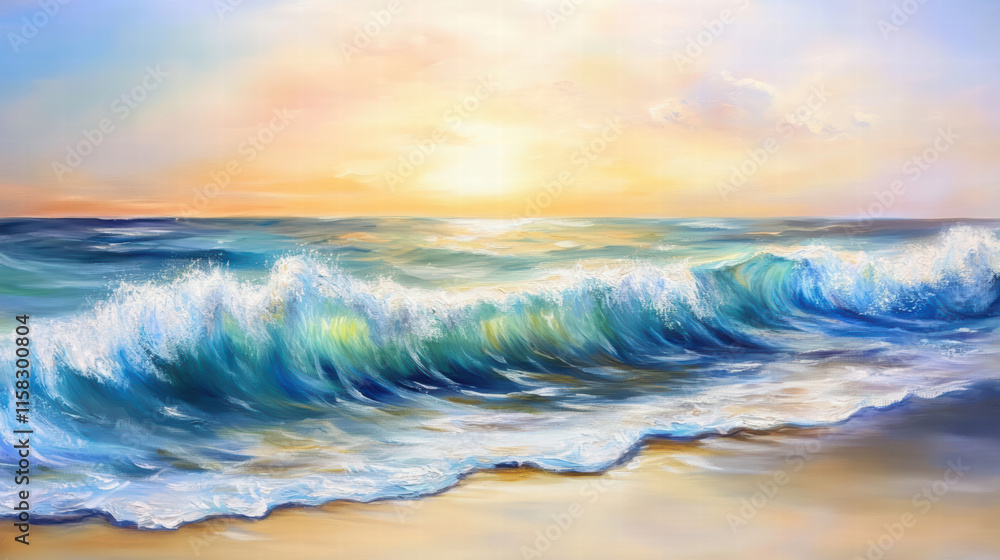 Obraz premium Gentle waves rolling in under warm sunlit atmosphere create serene coastal scene. vibrant colors of ocean and sky evoke sense of tranquility and beauty