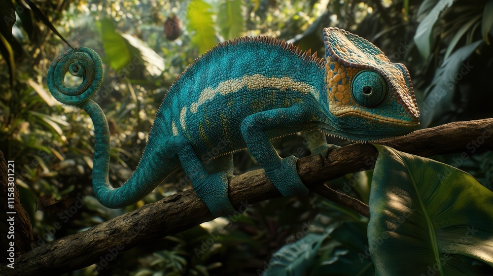 Fototapeta premium Vibrant Chameleon on Leafy Branch in Tropical Forest