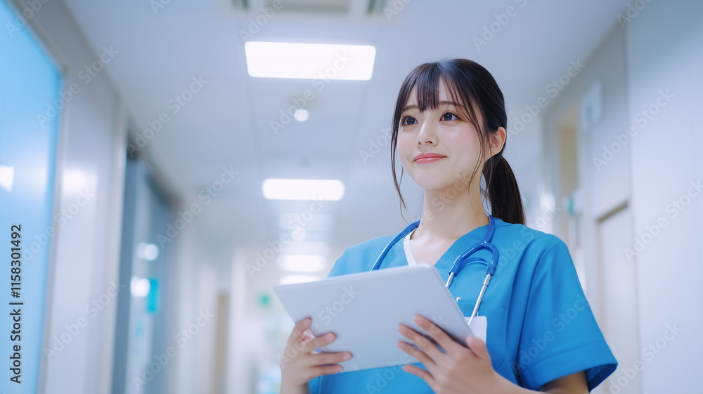Female Doctor Wearing Scrubs In Hospital Corridor Using Digital Tablet Female Doctor Wearing Scrubs In Hospital Corridor Using Digital Tablet
