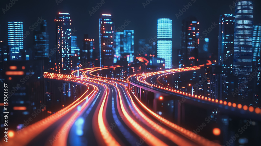 Fototapeta premium Smart Innovation city with connection cyber security network reciprocity over the night cityscape future wireless digital city and social media networking systems that connects people in the city