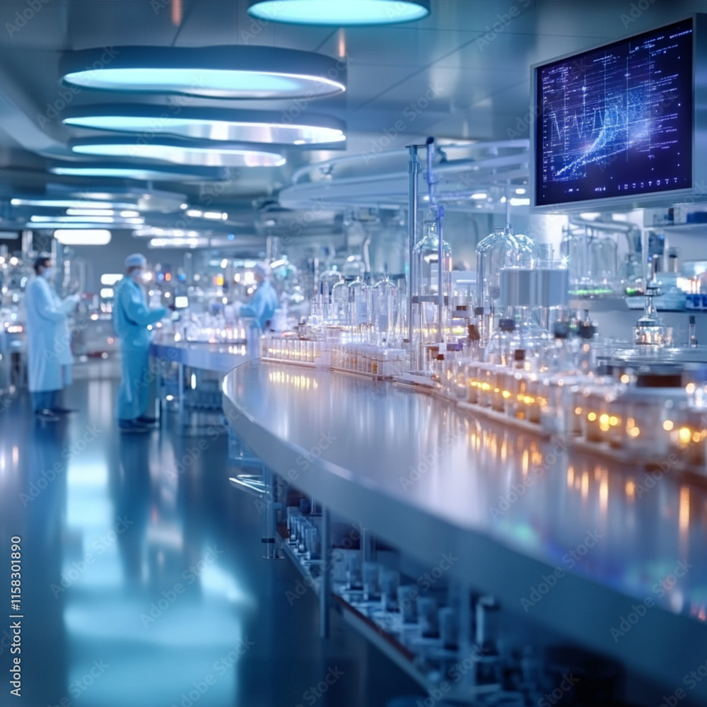 Fototapeta premium Futuristic Pharmaceutical Lab with Advanced Drug Delivery System and Holographic Interface