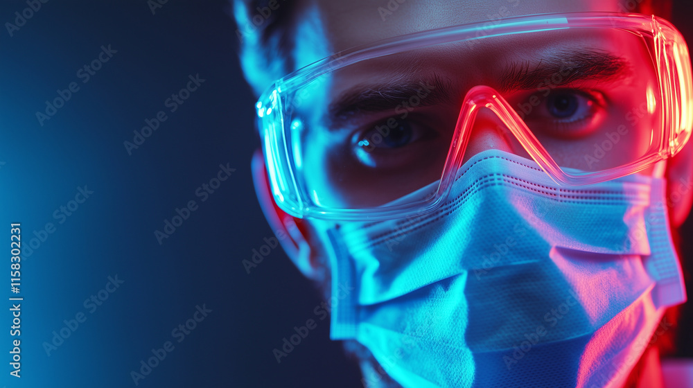 Male doctor in mask in dark room with blue and red neon light Male doctor in mask in dark room with blue and red neon light