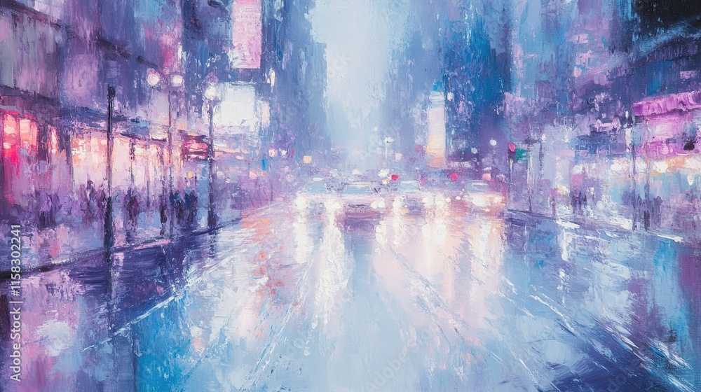 A city street is drenched in heavy rain, with gusts of wind causing the rain to fall at a diagonal angle, creating blurred, shimmering streaks on the pavement. The reflections of streetlights and near A city street is drenched in heavy rain, with gusts of wind causing the rain to fall at a diagonal angle, creating blurred, shimmering streaks on the pavement. The reflections of streetlights and near