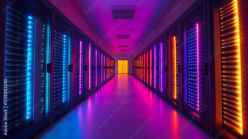Fototapeta premium fiber optic system. Vibrant Data Center Server Room with Colorful LED Lights