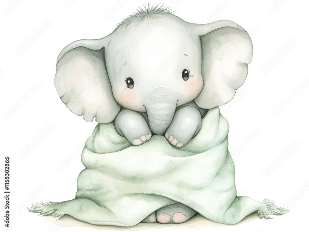 Cute Baby Elephant Wrapped in Soft Blanket with Big Eyes and Playful Expression Cute Baby Elephant Wrapped in Soft Blanket with Big Eyes and Playful Expression