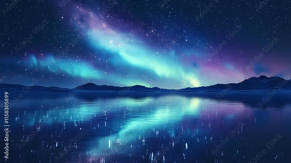 A stunning view of the milky way and the aurora australis, reflected in the calm waters of a beach, under a starry night sky. Lustral. Illustration A stunning view of the milky way and the aurora australis, reflected in the calm waters of a beach, under a starry night sky. Lustral. Illustration
