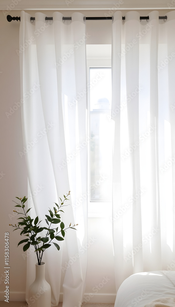 A window with sheer white curtains gently billowing in the spring breeze, maintain a soft and muted color scheme to convey a sense of tranquility and simplicity, Side lit A window with sheer white curtains gently billowing in the spring breeze, maintain a soft and muted color scheme to convey a sense of tranquility and simplicity, Side lit
