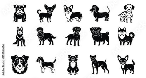 Dog Breeds Silhouette Set Including Labrador, Poodle, and Bulldog Vector