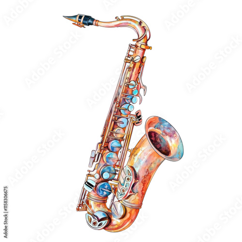 Pastel Illustration of a Saxophone with Colorful Details and Decorative Elements