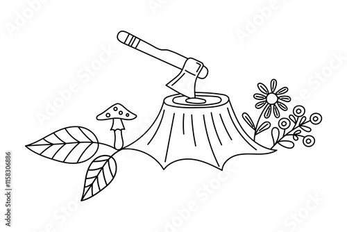 Axe stuck into stump. Forest landscape. Black and white line art. Hand drawn Doodle Illustration. For textiles, clothes, backgrounds, postcards. Travel, hiking and camping concept. Vector illustration