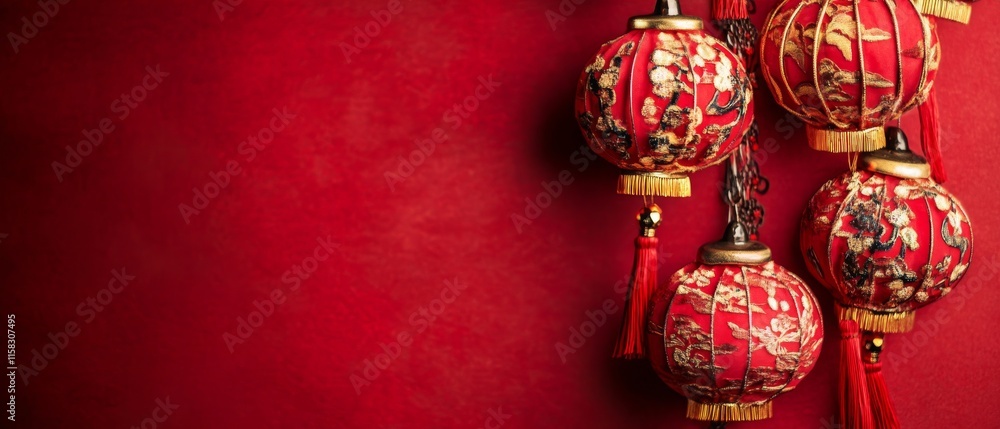 Chinese New Year Theme, A red background with four red lanterns hanging from the ceiling Chinese New Year Theme, A red background with four red lanterns hanging from the ceiling