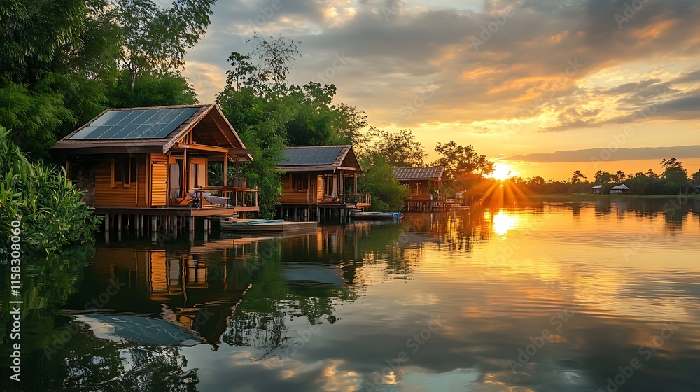 Cabins on stilts at sunset over a calm lake reflect the golden light. Cabins on stilts at sunset over a calm lake reflect the golden light.
