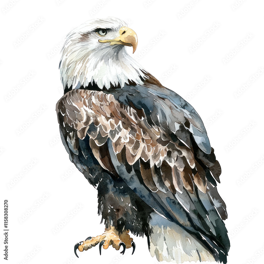 Obraz premium Detailed Watercolor Illustration of a Majestic Bald Eagle Perched Gracefully with Sharp Eyes and Distinctive Feathers