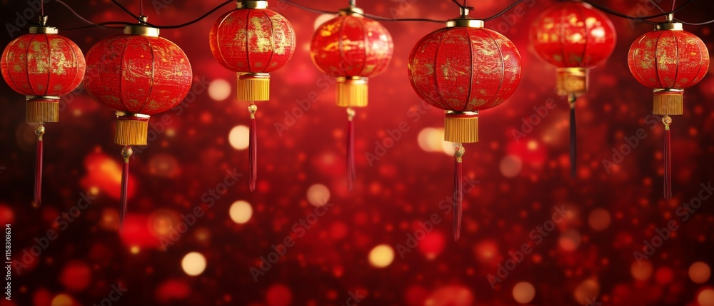 Chinese New Year Theme, A red background with a row of red lanterns hanging from it Chinese New Year Theme, A red background with a row of red lanterns hanging from it