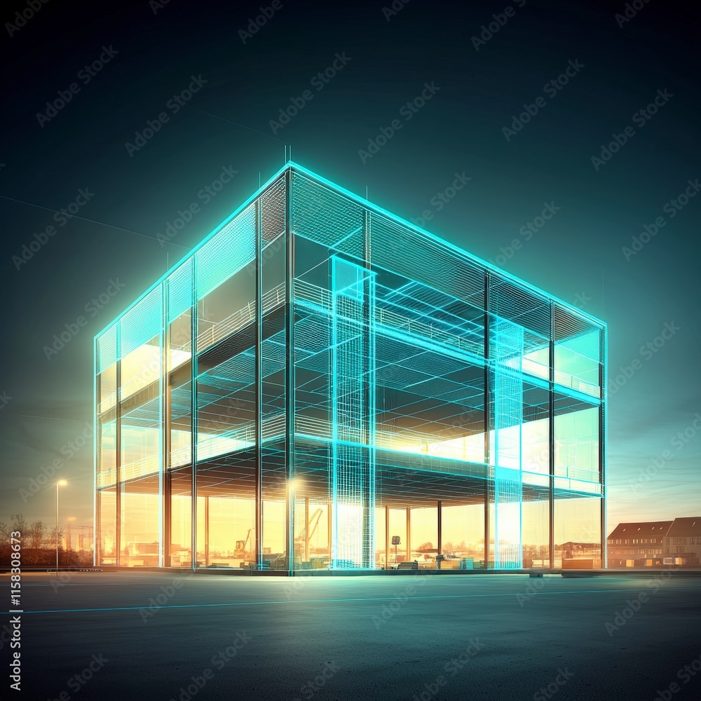 Fototapeta premium Architectural Design Modern Building Wireframe 3D Model Construction Blueprint Hologr