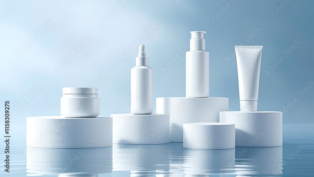 Group of white and blank, unbranded cosmetic cream jars and tubes on blue background. Skin care product presentation. Elegant mockup. Skincare, beauty and spa. Jar, tube with copy space. Group of white and blank, unbranded cosmetic cream jars and tubes on blue background. Skin care product presentation. Elegant mockup. Skincare, beauty and spa. Jar, tube with copy space.