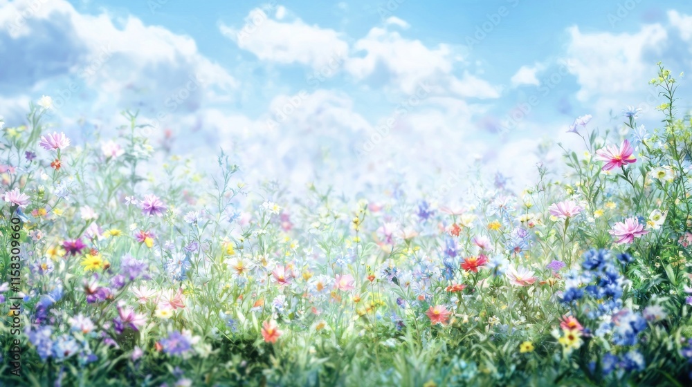 A vibrant field of colorful wildflowers under a bright sky. A vibrant field of colorful wildflowers under a bright sky.