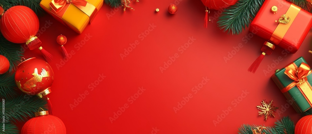 Chinese New Year Theme, A red background with a bunch of Christmas decorations including a bunch of red Chinese New Year Theme, A red background with a bunch of Christmas decorations including a bunch of red