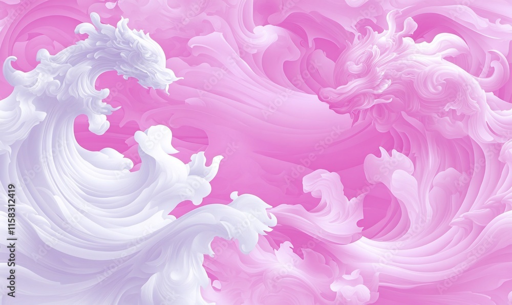 Fototapeta premium Abstract swirling shapes in pink and white, resembling waves and dragons.