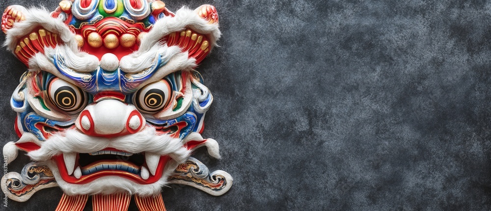 Fototapeta premium Chinese New Year Theme, A dragon mask with red and blue features is on a dark background