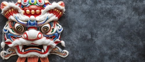 Chinese New Year Theme, A dragon mask with red and blue features is on a dark background