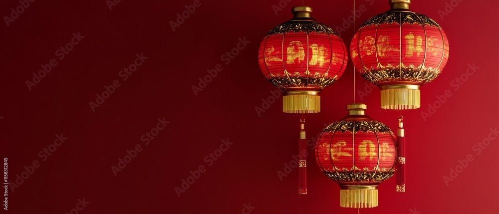 Fototapeta premium Chinese New Year Theme, Three red lanterns hanging from the ceiling