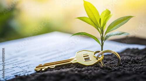 Wallpaper Mural golden key rests on soil next to small green plant, symbolizing growth and new beginnings in real estate. This captures essence of opportunity and potential Torontodigital.ca