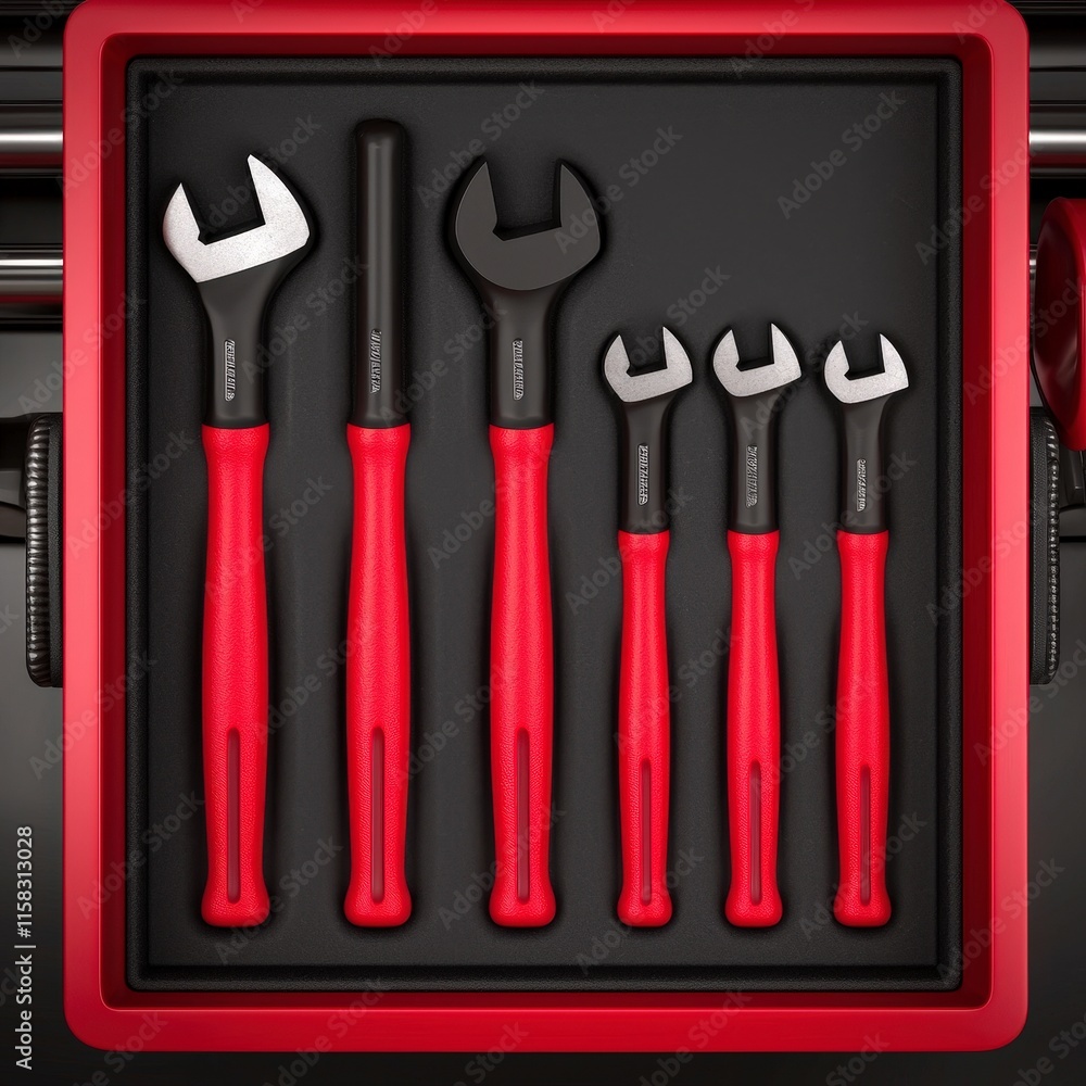 Red Tool Box with Wrenches Mechanic Tools Close up Red Tool Box with Wrenches Mechanic Tools Close up