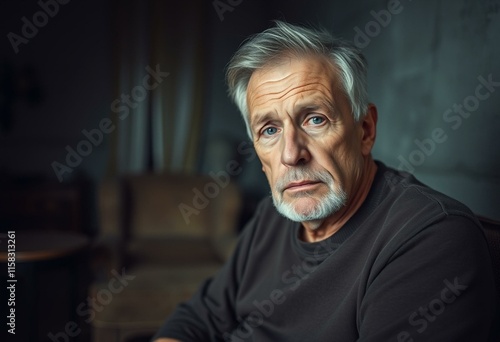 Old man with disappointed expression in dimly lit room photo