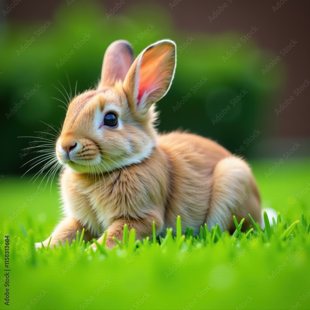 A small bunny lies on lush green grass with its front legs folded under its body, animal, wildlife A small bunny lies on lush green grass with its front legs folded under its body, animal, wildlife