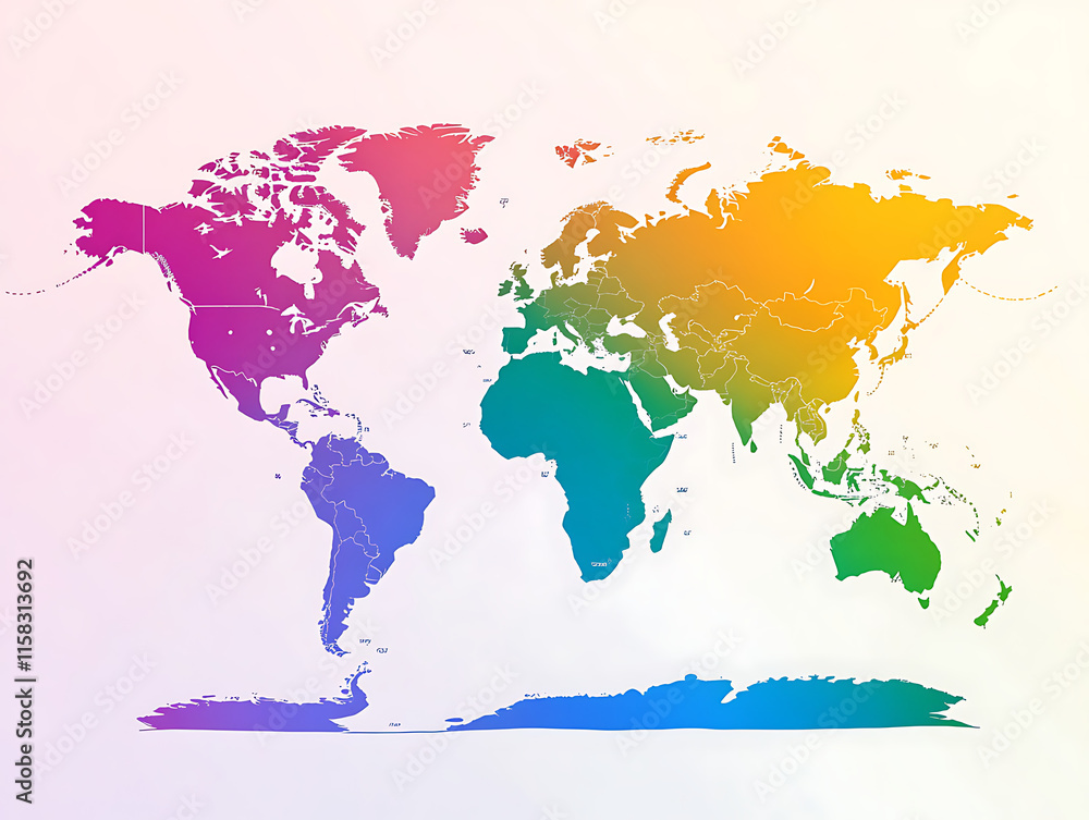 Obraz premium A minimalist world map with accurately labeled continents, set against a light gradient background