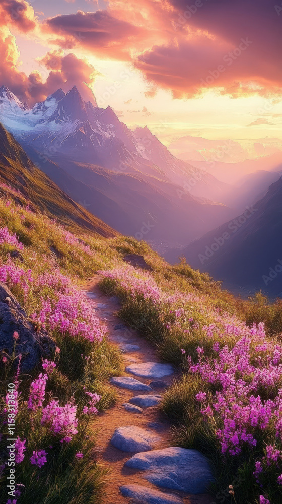 Fototapeta premium Sunrise rises on high mountains, and red flowers bloom on both sides of the stone road