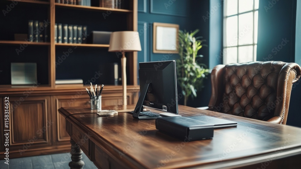 The director's office features a PC, a leather couch, and a wide oak table. Interior design
The director's office features a PC, a leather couch, and a wide oak table. Interior design
