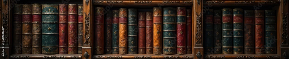 Old leather-bound bookshelf in a dimly lit library, bookcase, books Old leather-bound bookshelf in a dimly lit library, bookcase, books
