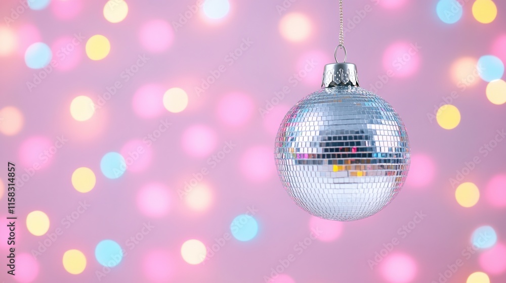 Fototapeta premium Disco Ball Glamour: A shimmering disco ball hangs against a backdrop of colorful, blurred lights, evoking a vibrant and festive atmosphere. Perfect for adding a touch of retro chic to your designs.