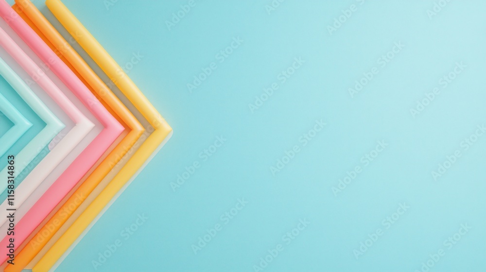 Obraz premium Chevron-shaped layers in soft pastel tones, including pink, yellow, and aqua, arranged against a clean light blue background. Ideal for abstract design, modern art, or creative project inspiration. 