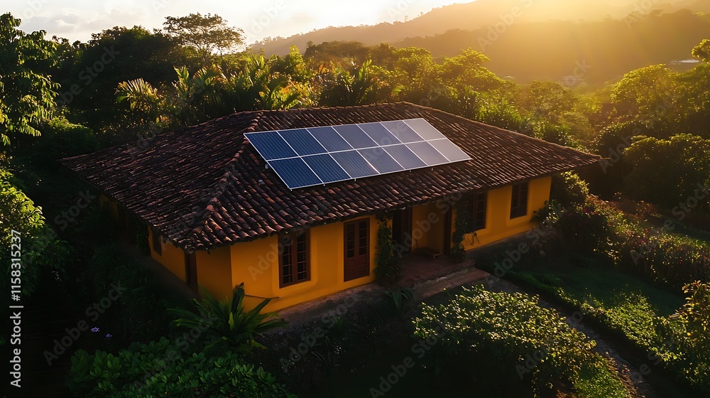 House with solar panels on a rural hill at sunset. House with solar panels on a rural hill at sunset.