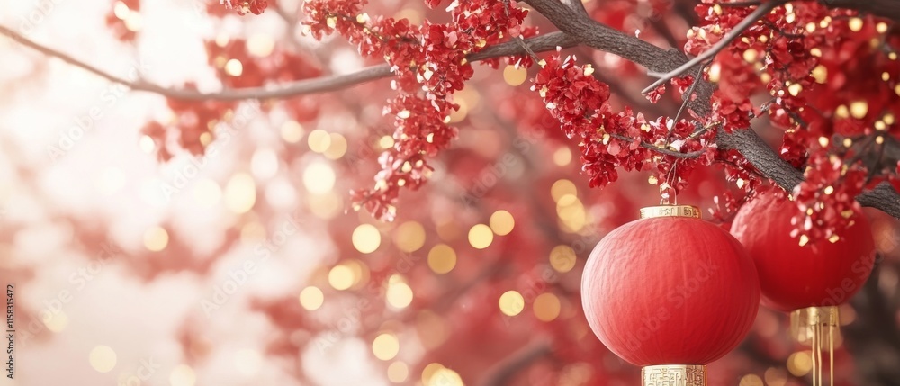 Fototapeta premium Chinese New Year Theme, A tree with red leaves and red lanterns hanging from it