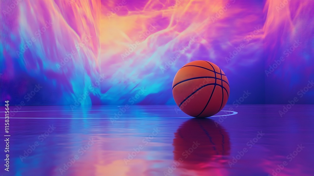 Obraz premium A basketball in motion over a glowing court under vibrant lighting