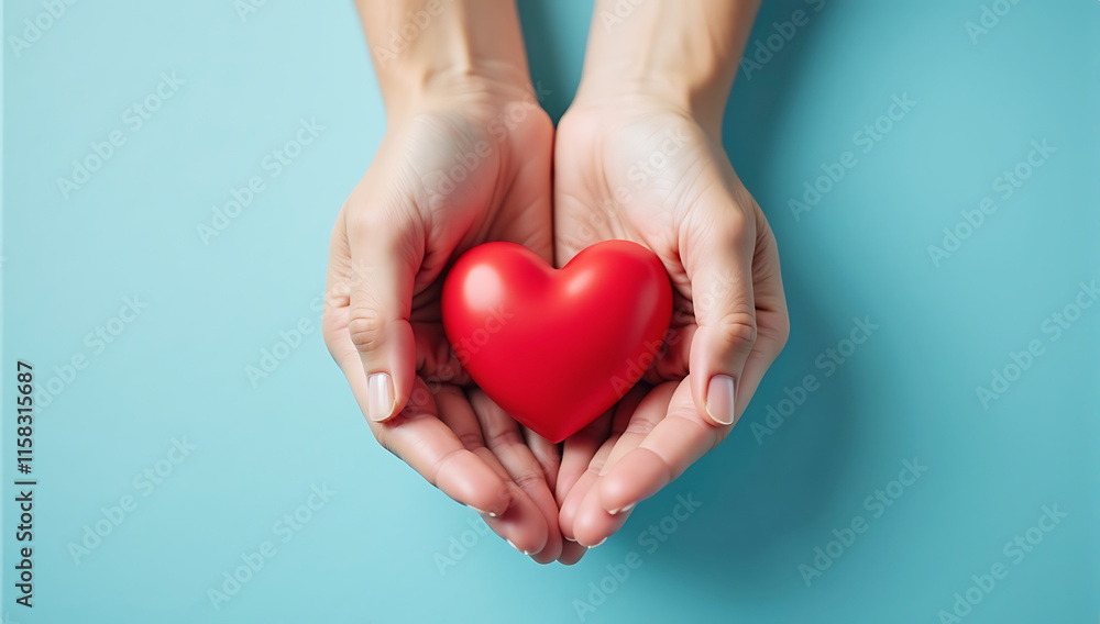 The person is holding a red heart. caring gesture, soft blue background, love symbol, compassion, valentine couple The person is holding a red heart. caring gesture, soft blue background, love symbol, compassion, valentine couple