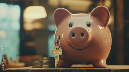 close up of cheerful piggy bank with coins and house key, symbolizing savings and financial security. This evokes sense of hope and planning for future