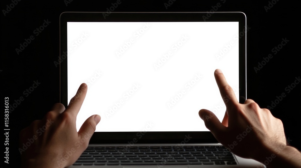 fingers typing on a laptop with a blank white screen for a mockup company
fingers typing on a laptop with a blank white screen for a mockup company